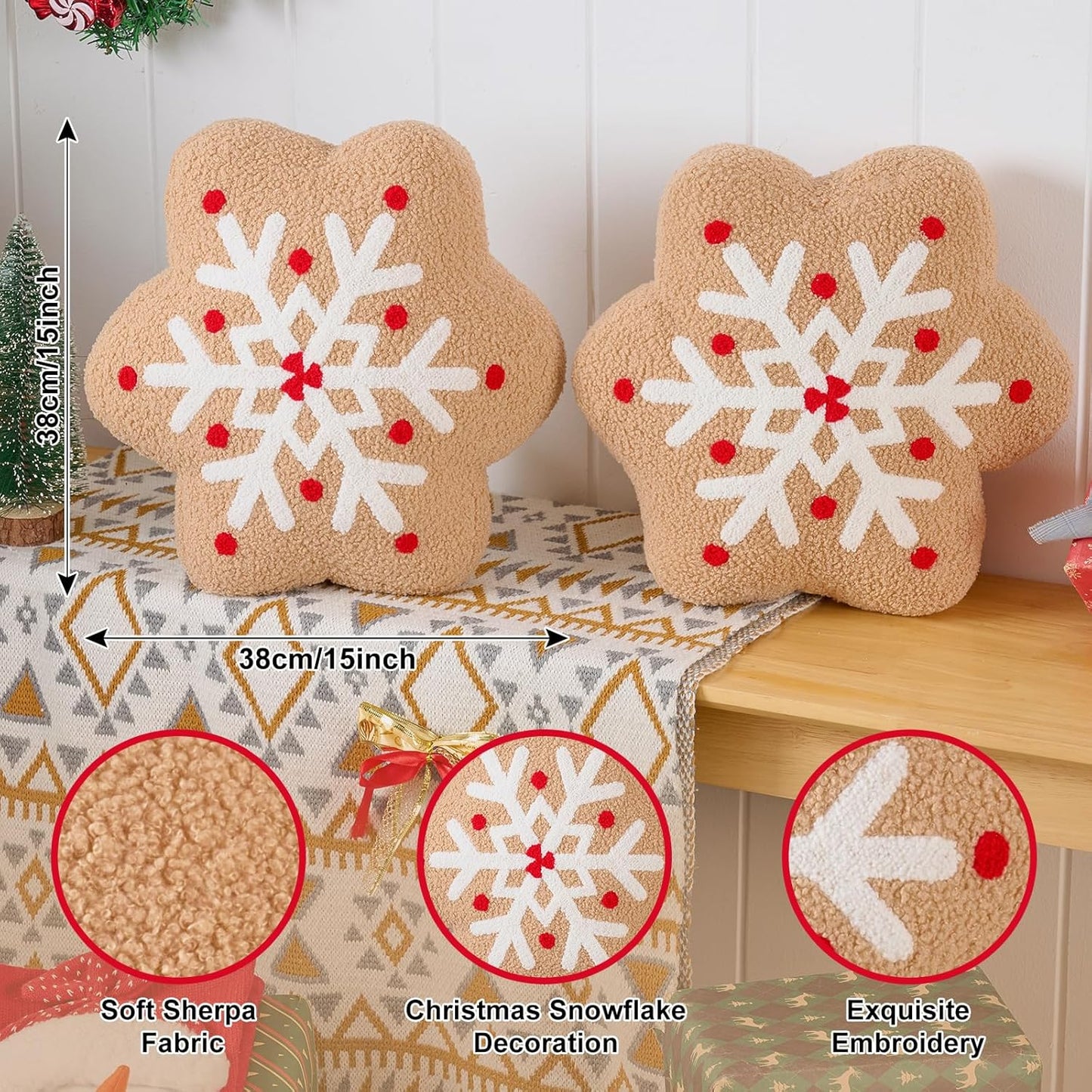 Lanpn Christmas Gingerbread Snowflake Pillows Set of 2, Christmas Decoration Winter Throw Pillows Soft 3D Shaped Ginger Bread Snow Flake Throw Cushion for Sofa Bedroom Xmas Decor (15x15 inch)