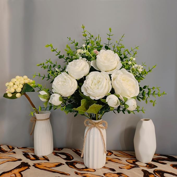Fake Flowers in Vase, Ceramic Vase with Artificial Silk Flowers, Faux Eucalyptus Stems Flower Arrangement for Farmhouse Indoor Table Centerpiece, Bathroom Living Room Home Decor, Bedroom Decorations
