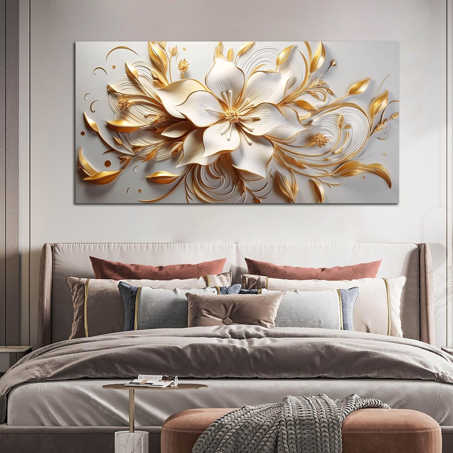 Flower Canvas Wall Art for Bedroom White and Gold Wall Decor for Living Room Wall Art for Dining Room Large Size 29" x 58"