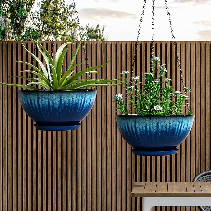Hanging Planters for Indoor Outdoor Plants-2 Pack 10 inch Hanging Plant Pots with Drainage and Hanging Plant Holder, Hanging Planter for House Plants (Blue Flowing Glaze)