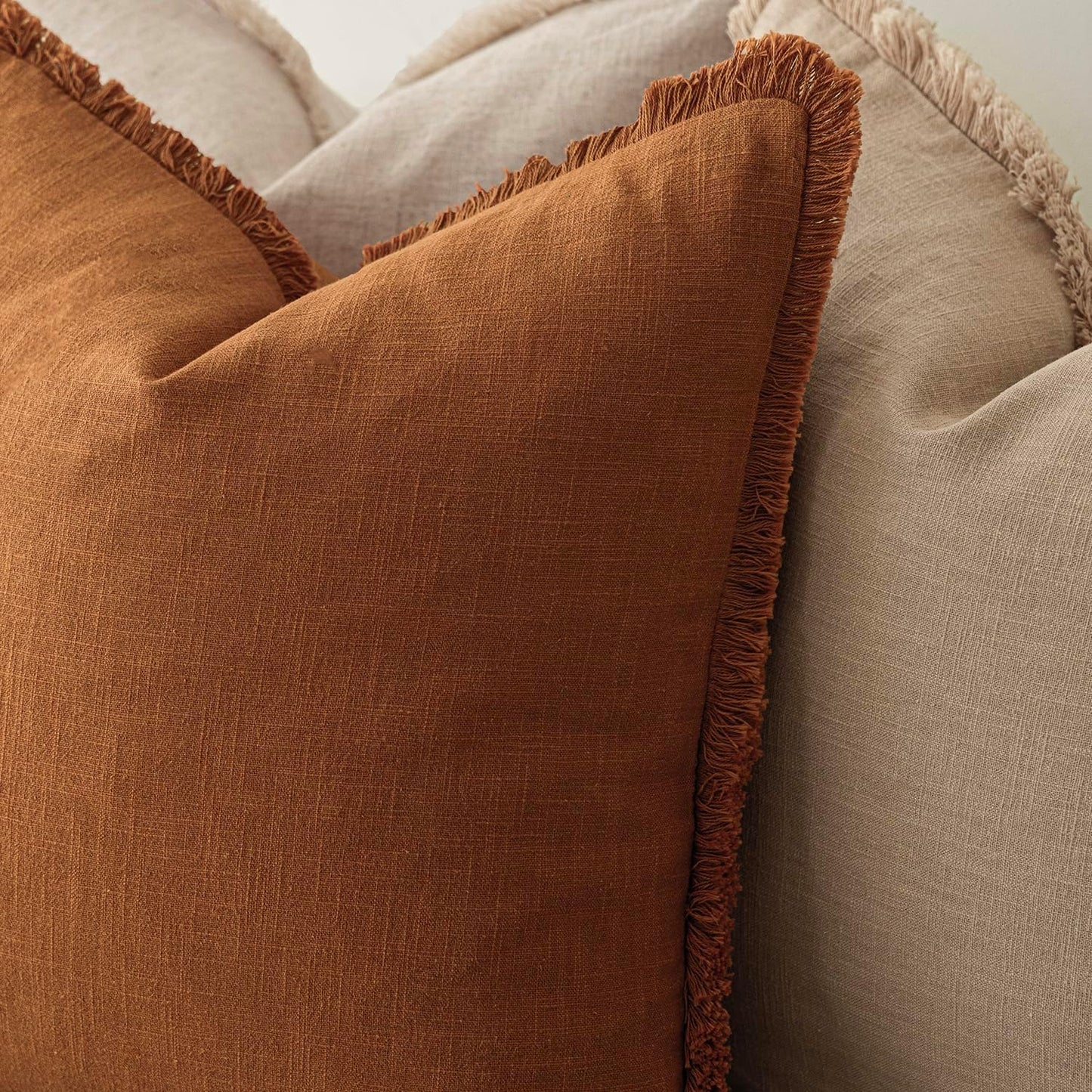 Foindtower Set of 2 Decorative Linen Fringe Lumbar Throw Pillow Covers Boho Farmhouse Cushion Cover with Tassels Soft Accent Pillowcase for Couch Sofa Bed Living Room Home Decor,12×20 Inch,Orange