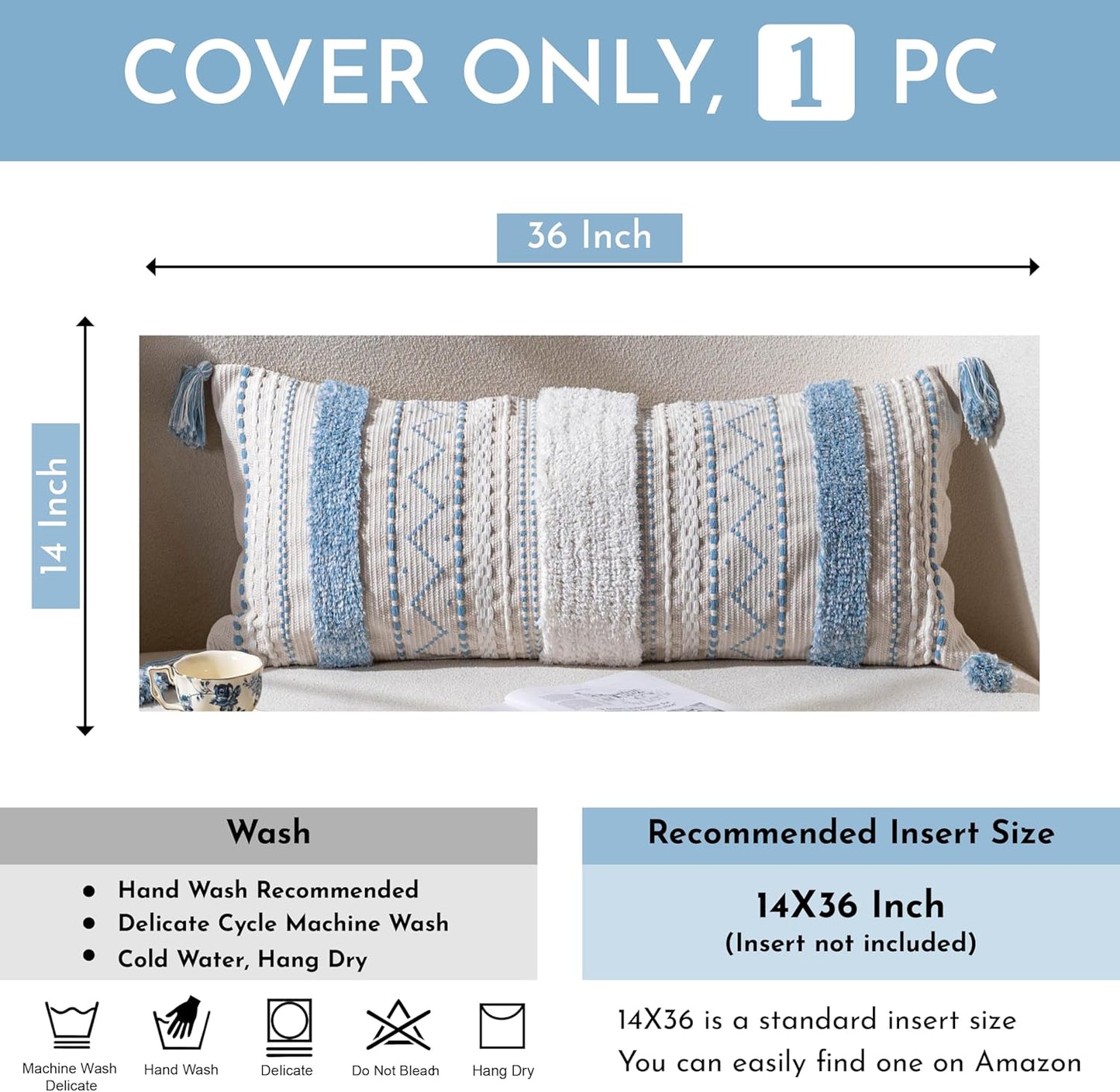 BlissBlush Blue Decorative Lumbar Throw Pillow Cover 14x36 Boho Long Cushion for Bed Neutral White Accent Farmhouse Pillowcase for Bedroom Living Room Couch Sofa Home Décor (Cover ONLY, Pack of 1)