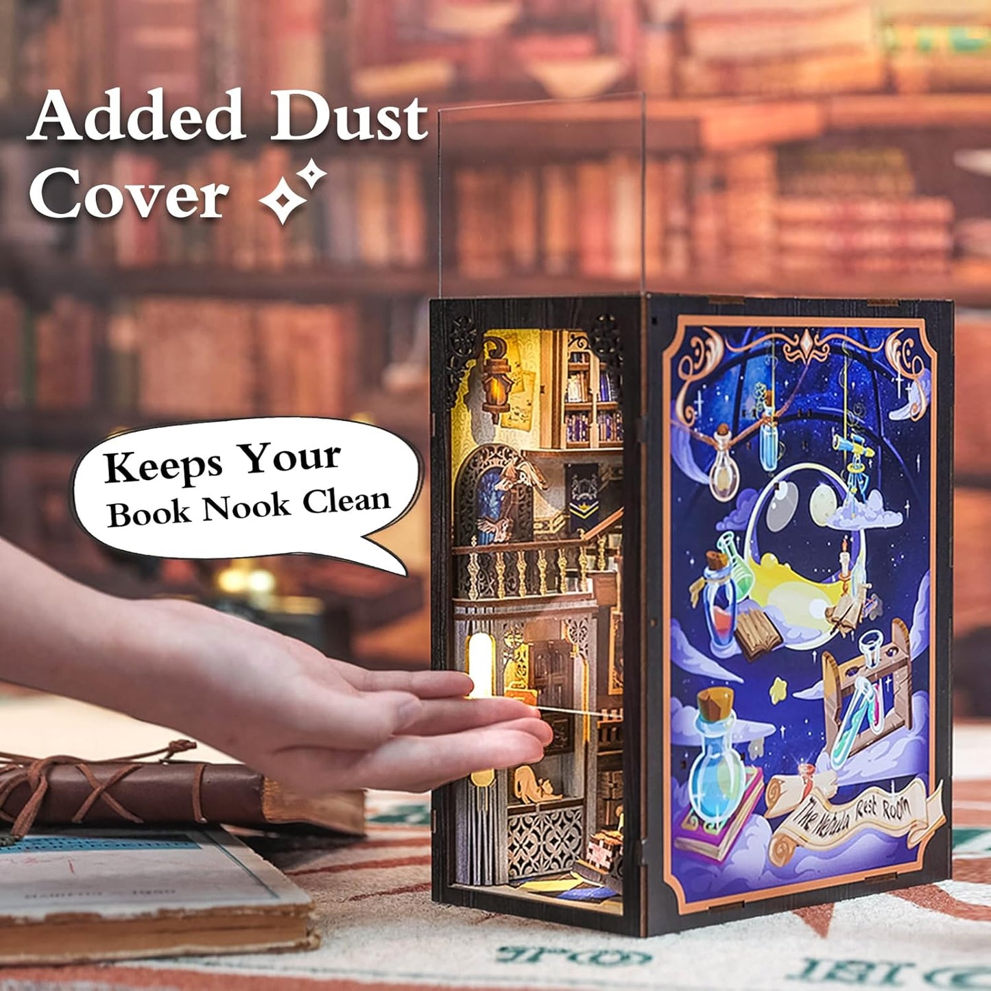 Fsolis Book Nook Kit DIY Miniature House Kit, 3D Wooden Puzzles for Adults, 350pcs, Booknook Magic Bookshelf Decor Decoratvie Bookends Tiny House Gifts for Women Teens Book Lovers(Nebula Common Room)