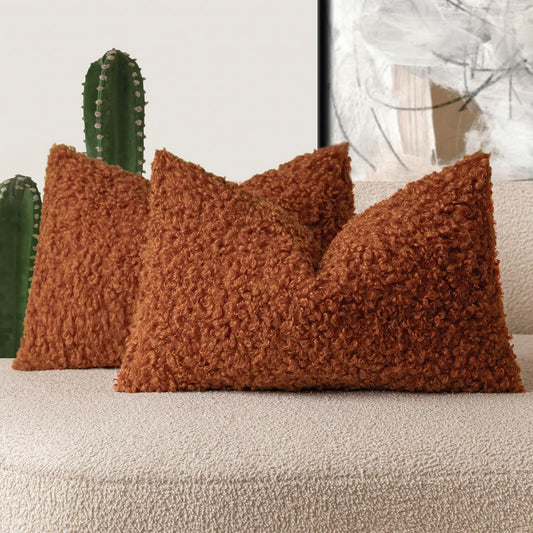Foindtower Set of 2 Curly Teddy Wool Pillow Covers Decorative Boucle Textured Lumbar Throw Pillow Faux Fur Sherpa Pillowcases Sheepskin Fuzzy Cushion Case for Sofa Bedroom Car 12"x20" Burnt Orange