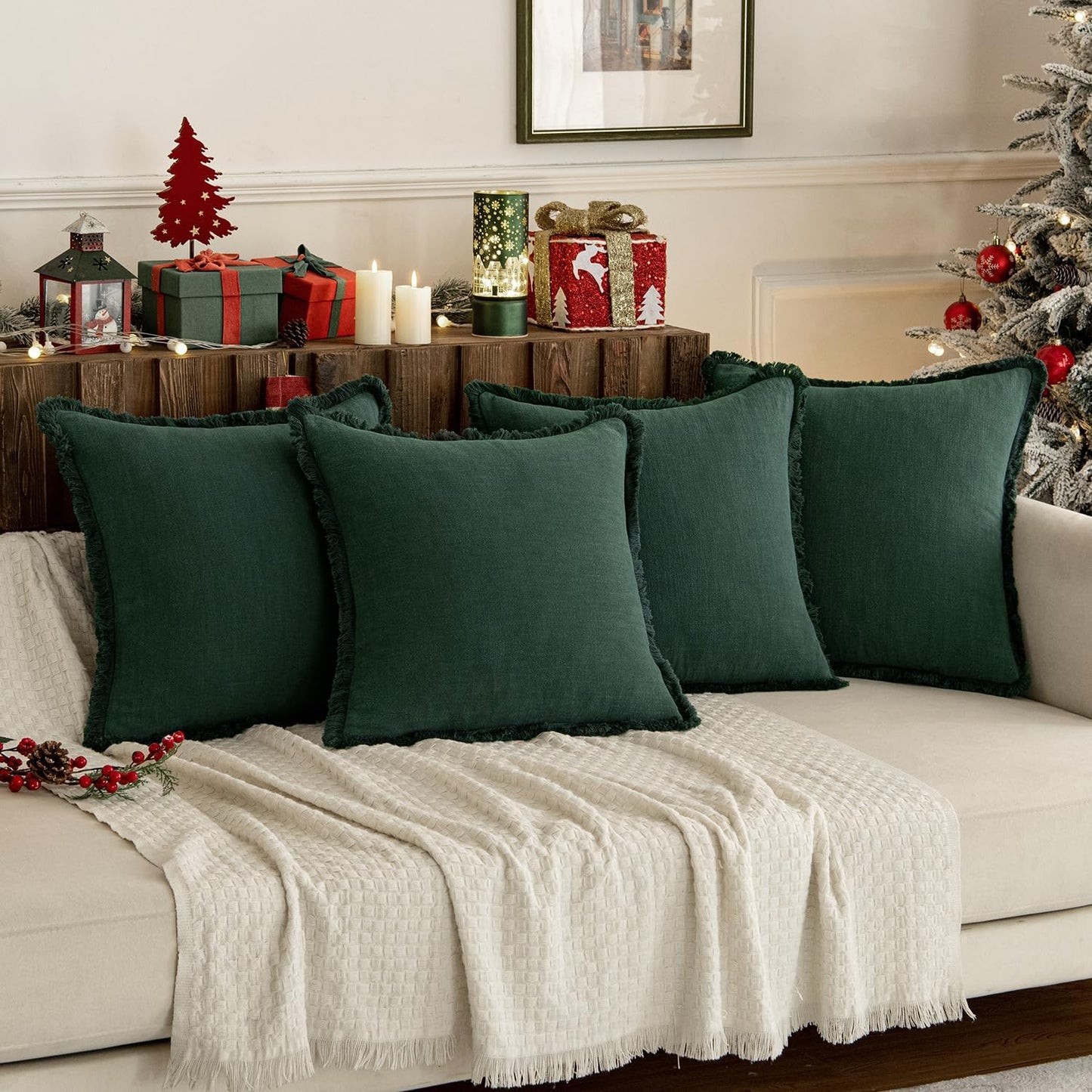 MIULEE Linen Pillow Covers 18x18 Inch Dark Green Decorative Throw Pillows with Fringe Pack of 4 Soft Farmhouse Boho Couch Pillows Home Decors for Sofa Cushion Living Room Bed
