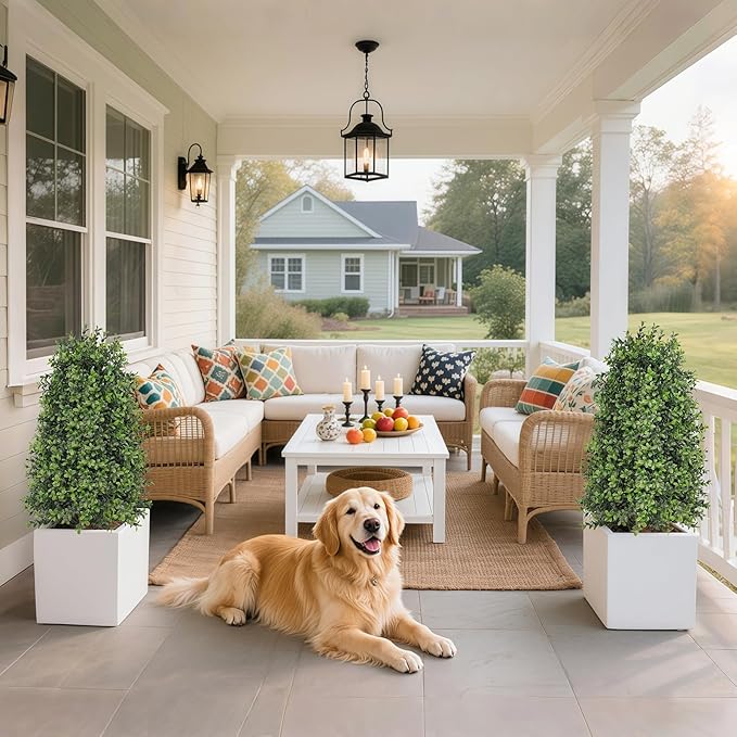 30 inch Artificial Boxwood Tree Topiary, Set of 2 Faux Potted Topiary for Outdoor Planter, Lush Foliage & UV Resistant Fake Boxwood Bushes for Front Door Porch Entrance Balcony Decor