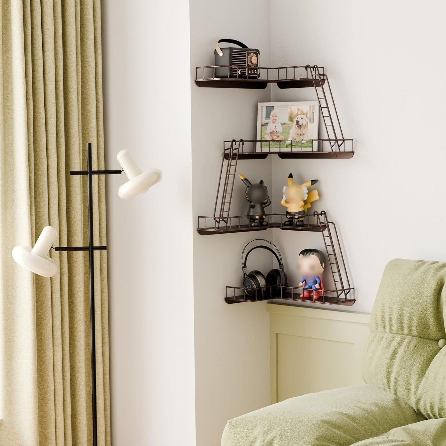 Fire Escape Wall Shelf - Modern City Style 4-Tier Corner Wall Shelves, Easy to Install Metal Ladder Shelf for Figures, New York Decorative Shelves for Bathroom, Living Room&Home Decor,Coffee