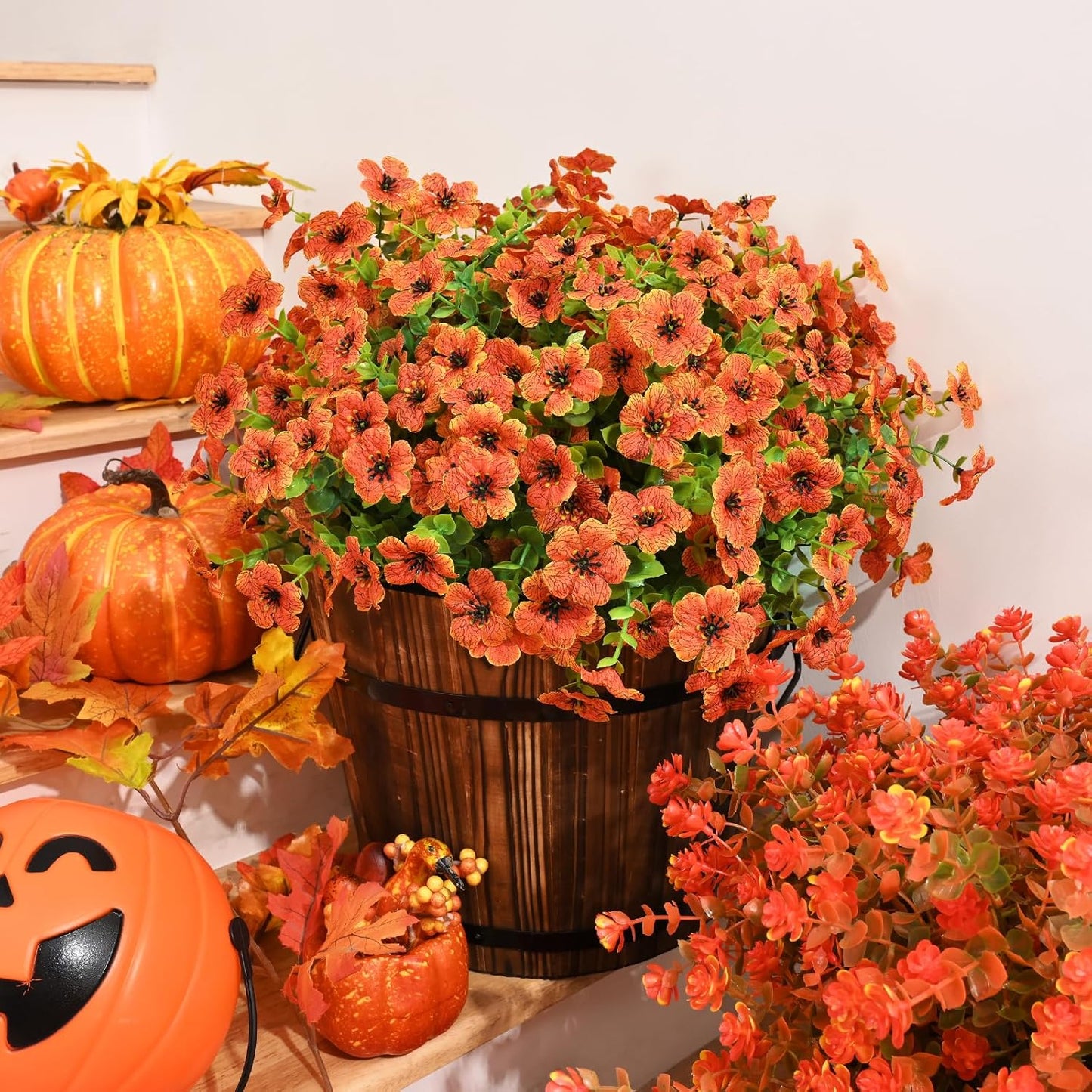 Fall Decor, Fake Mums, Fall Flowers, UV Resistant Artificial Mums for Outdoors, 12 Bundles Faux Mums for Outside, Fall Flowers Plants Artificial for Decoration For Home Porch Thanksgiving,Orange Red