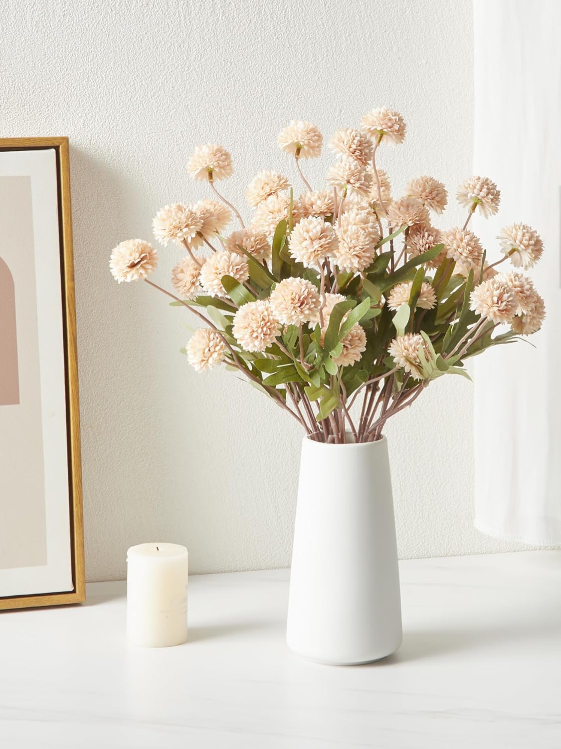 InnoGear Silk Flowers Pompon Mums Artificial Flowers, 10pcs 50 Heads Fake Mini Chrysanthemums with Long Stems Bulk Faux Kiku Flower for Decoration Memorial DIY Wedding Bouquets Centerpieces, Beige