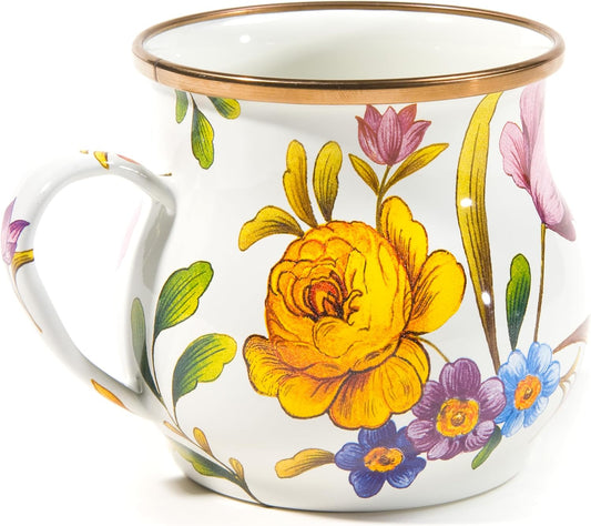 MACKENZIE-CHILDS Enamel Mug, Cute Enamelware Coffee and Tea Mug, Unique Drinkware, 16 Ounces, White Flower Market, Set of 1