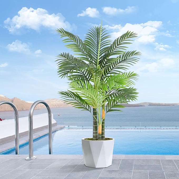 4ft Tall Triple Golden Cane Palm Artificial Tree Large Tropical Palm Tree UV Resistant Fake Plant in Pot for Indoor Outdoor Big House Living Room Outside Patio Office Home Decor 1Pack