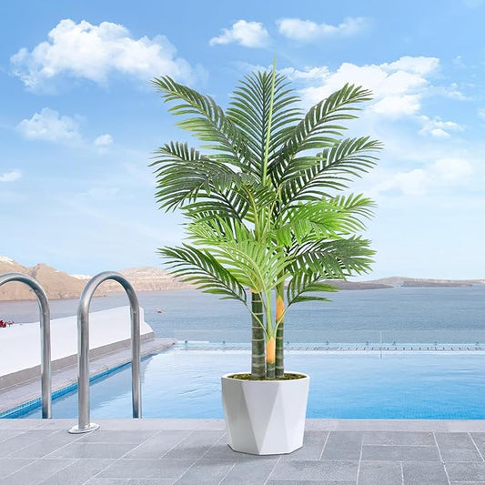 4ft Tall Triple Golden Cane Palm Artificial Tree Large Tropical Palm Tree UV Resistant Fake Plant in Pot for Indoor Outdoor Big House Living Room Outside Patio Office Home Decor 1Pack