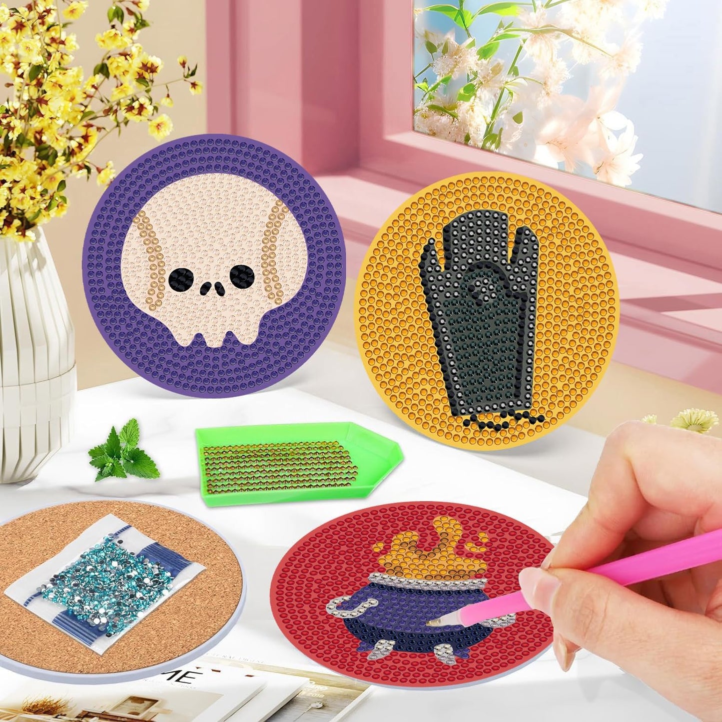 DOTSOPS 6 Pcs Halloween Diamond Art Coasters with Holder Diamond Painting Coasters Kits for Adults Beginners Diamond Craft for Christmas Halloween Birthday Gifts