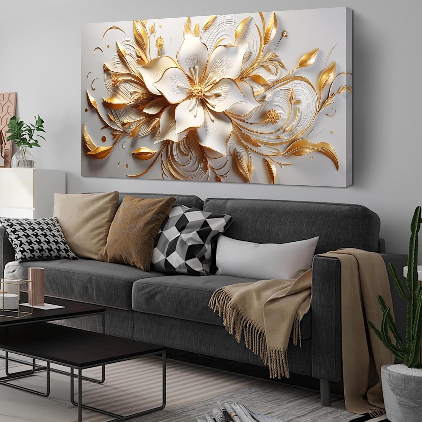 Flower Canvas Wall Art for Bedroom White and Gold Wall Decor for Living Room Wall Art for Dining Room Large Size 29" x 58"