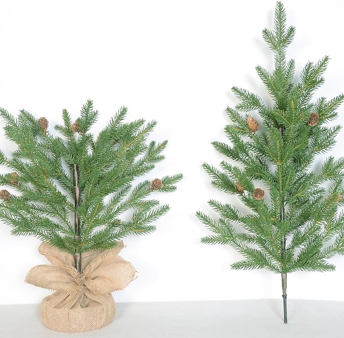 3FT Tabletop Artificial Christmas Tree, 209 Realistic PE Branches, Pine Cone Decorations, Unlit, Cement Base Wrapped in Burlap, Green