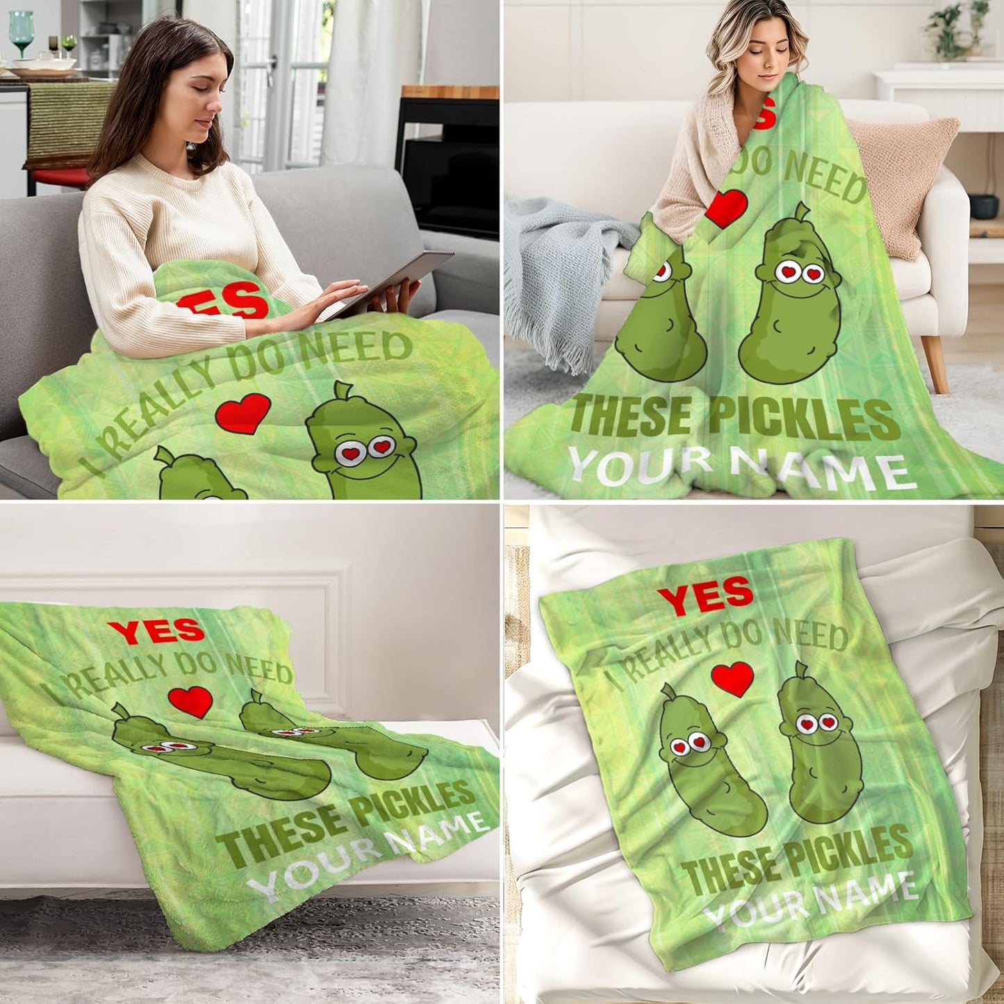 Custom Pickle Blanket for Girls - 30x40 Inches Lap Size with Name - Soft Fuzzy Plush Throws Gift - Light Green Funny Throw Blanket for Couch, Office
