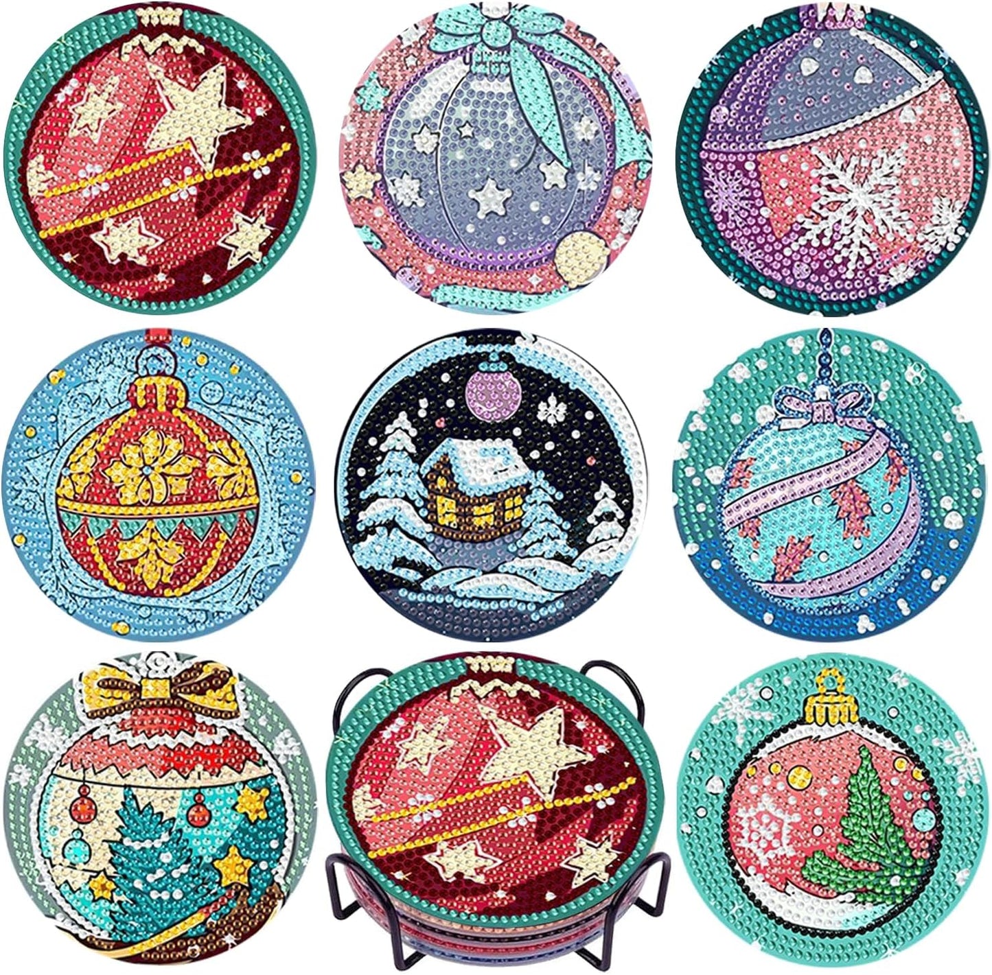 DOTSOPS 8 Pcs Diamond Art Kits for Adults Small Diamond Art Coasters with Holder,Diamond Art Painting Coasters for Adults Beginners Diamond Craft for Christmas Birthday (Christmas Ornaments)
