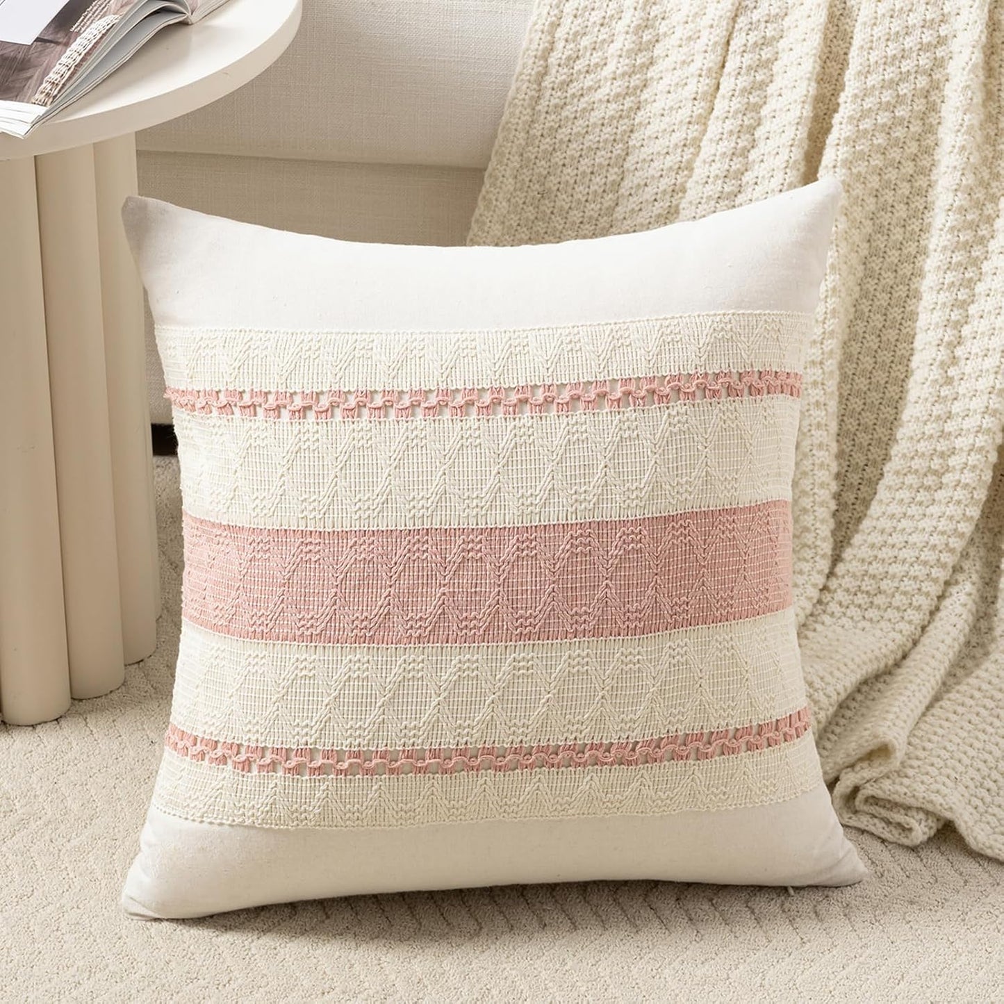 Fancy Homi Set of 1 Boho Pink Decorative Throw Pillow Cover 18x18 Inch for Couch Bed Sofa, Aesthetic Modern Organic Farmhouse Home Decor, Soft Cotton Cute Accent Macrame Woven Cushion Case