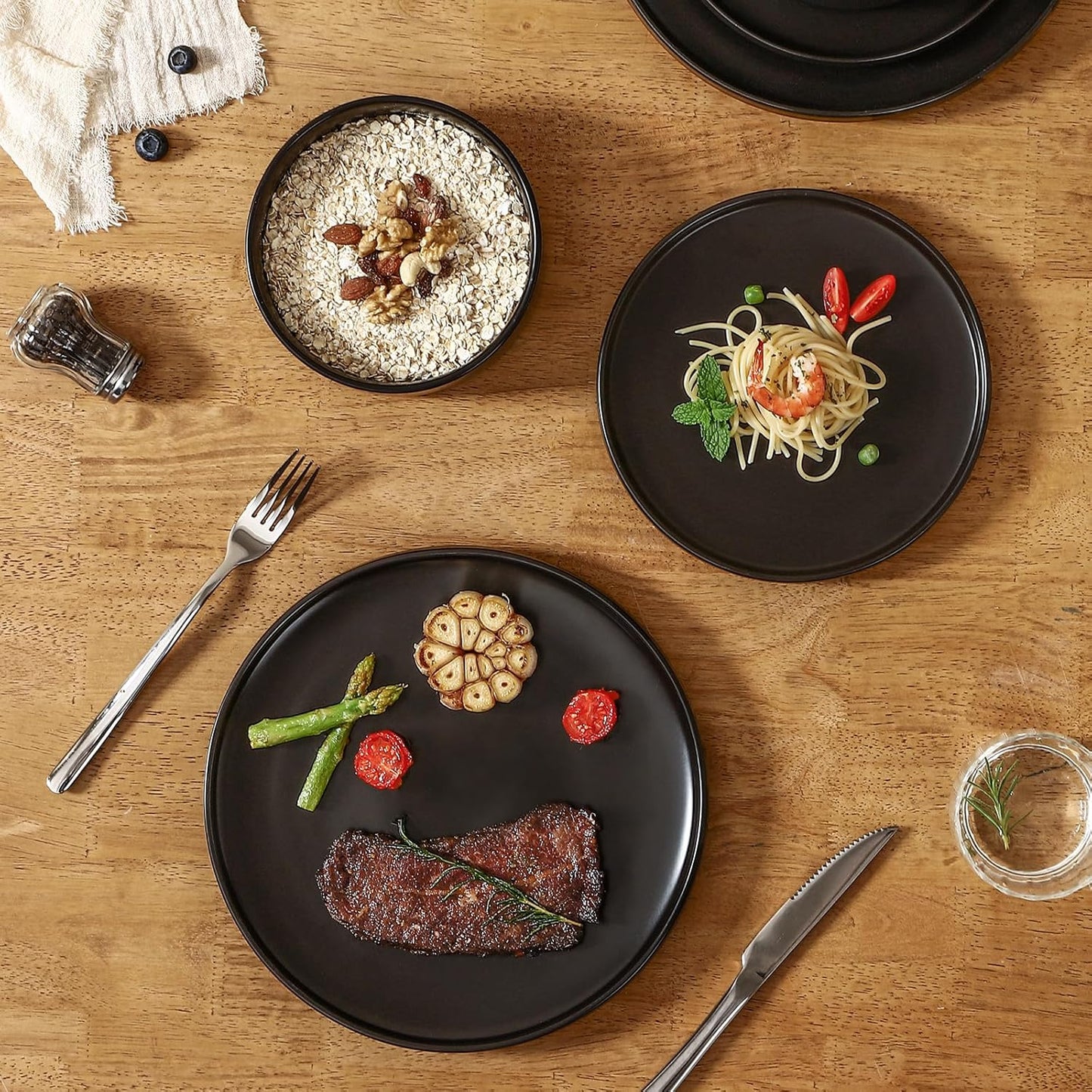 GZG Ceramic Salad Plates Set for 4,8 Inch Stoneware sets,Small Plates for Salads,Desserts,Appetizers,Microwave, Dishwasher,Oven Safe Serving Dish Set,Scratch Resistant,Matte Black