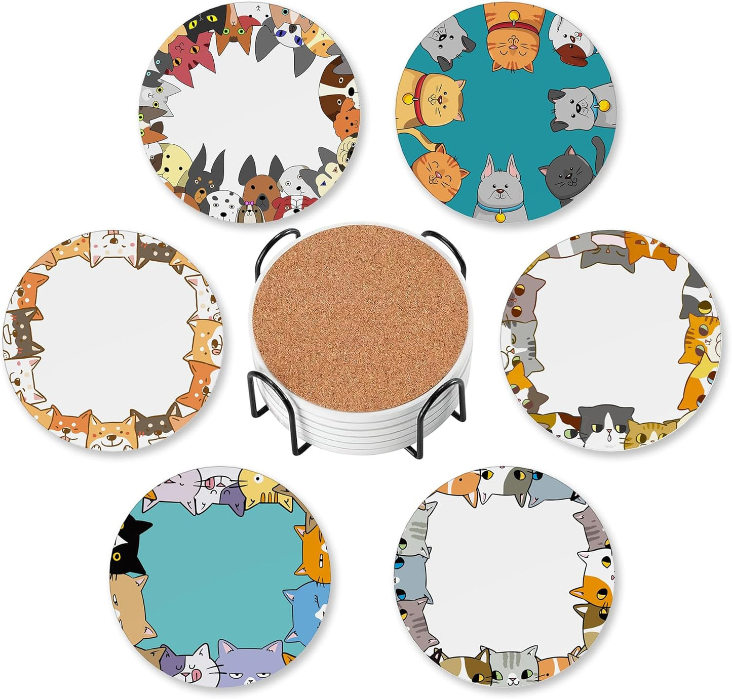 Cute Cat Dog Set of 6 Coasters for Drinks Absorbing Round Ceramic Stone Coaster with Cork Base,Tabletop Protection Mat for Mugs and Cups,Office,Kitchen