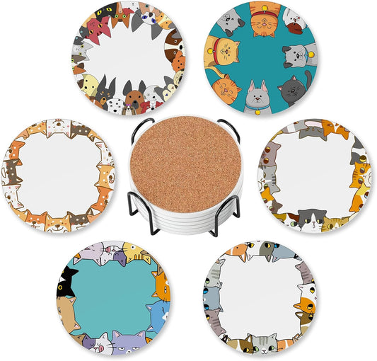 Cute Cat Dog Set of 6 Coasters for Drinks Absorbing Round Ceramic Stone Coaster with Cork Base,Tabletop Protection Mat for Mugs and Cups,Office,Kitchen