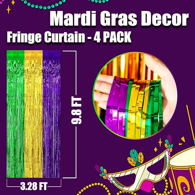 4 Pack Mardi Gras Foil Fringe Curtain Backdrop, 3.28Ft x 9.8Ft Gold Green Purple Metallic Tinsel Foil Fringe Streamers Curtains for Photo Booth, Wedding, Birthday, Carnival Party Decoration