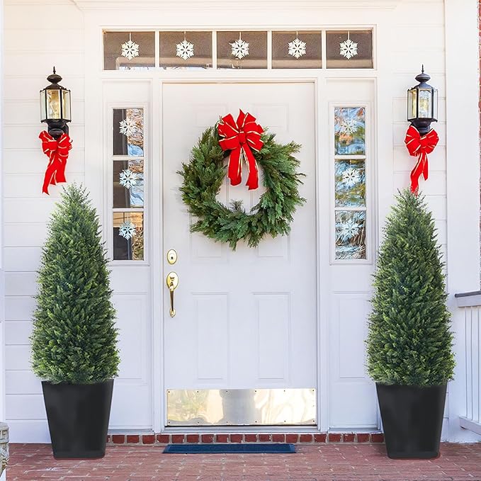 4FT Artificial Cedar Topiary Trees Set of 2, Extra Dense Foliage UV Resistant Fake Plants for Front Porch Christmas Decor, Lifelike Fake Trees Outdoor Indoor Home