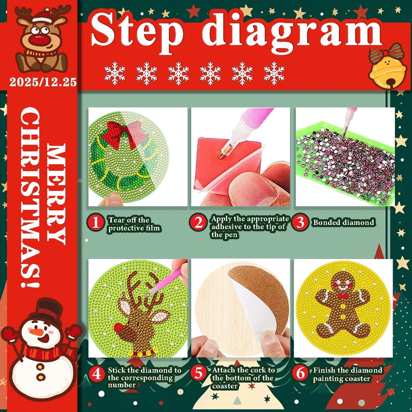 DOTSOPS 6 Pcs Christmas Diamond Art Kits for Adults - Diamond Art Coasters with Holder for Adults Beginners Diamond Craft for Christmas Birthday Gifts