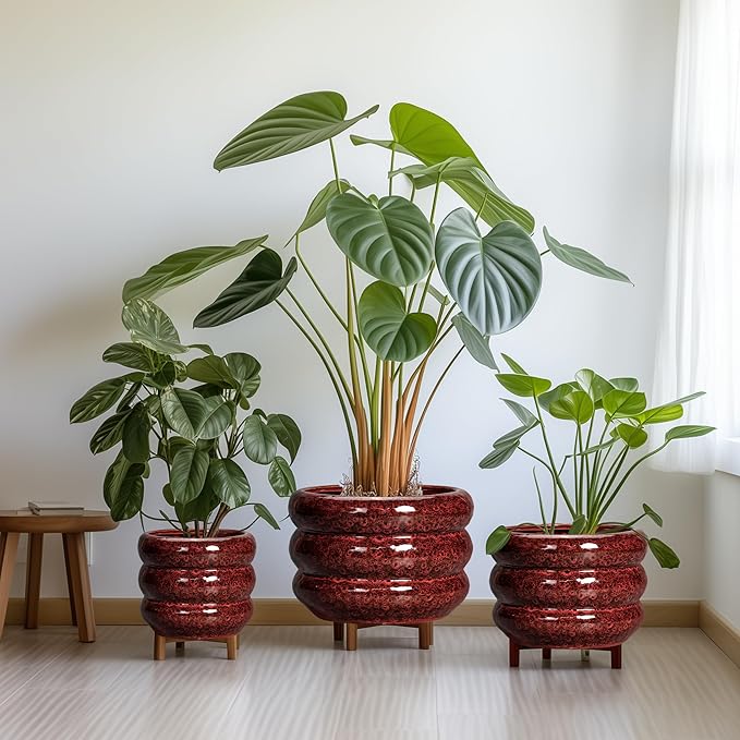 SQOWL 10 Inch Plant Pots - Ceramic Planter for Indoor Plants, Ceramic Plant Pot with Drainage Hole, Bubble Round Flower Pots Outdoor, Home Office Living Room Decor, Gifts for Plant Lover, Red