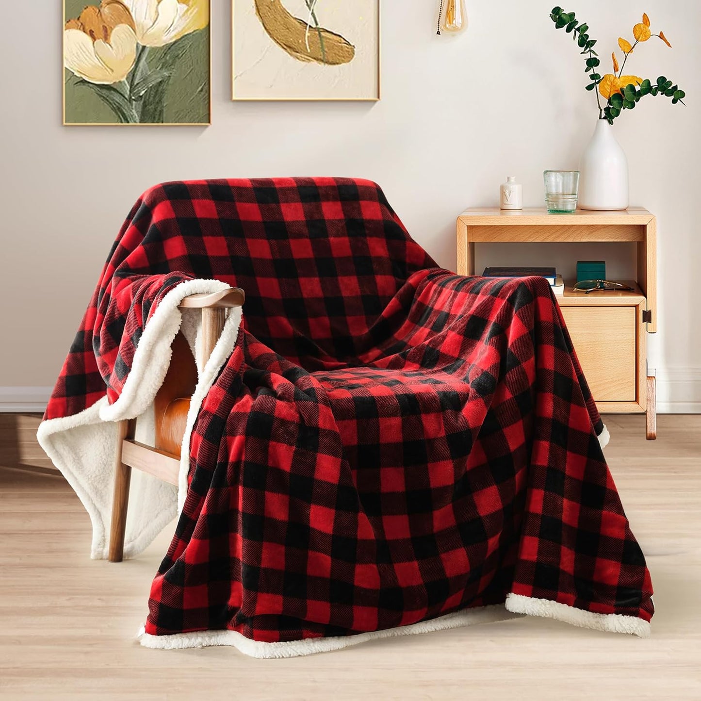 BEAUTEX Sherpa Fleece Flannel Blanket Twin Size, Super Soft Warm Buffalo Plaid Plush Microfiber Blankets, Cozy Fuzzy Christmas Blanket for Couch Sofa Bed (Red, 60" x 80")