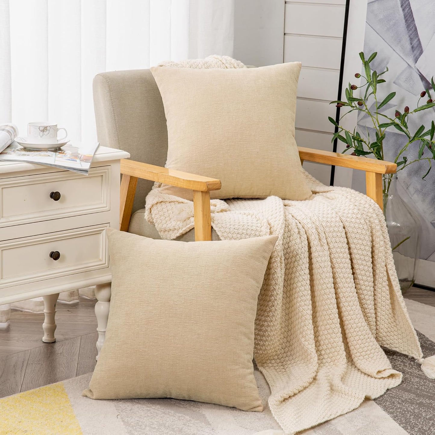 GAWAMAY Decorative Throw Pillow Covers 16x16 Inch Set of 2, Super Soft Chenille Square Pillows Farmhouse Fall Pillowcase for Living Room Bedroom Sofa Couch Cushion Cover Beige 40x40cm (No Insert)