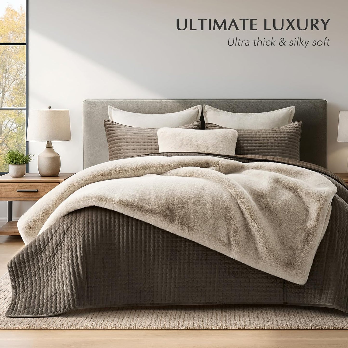 EVERGRACEHOME Luxury Soft Faux Chinchilla Fur Throw Blanket for Couch, Warm Thick Heavy Winter Throw Blanket 1220GSM for Bed, Fluffy Cozy Mink Blanket with Reversible Velvet, Birch Mink, 60"x80"