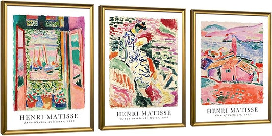 Wieco Art Large Framed Canvas Wall Art 3 Piece Henri Mattise Art Abstract Colorful Matisse Posters Canvas Prints for Wall and Home Office Decorations Bronze Gold Frame