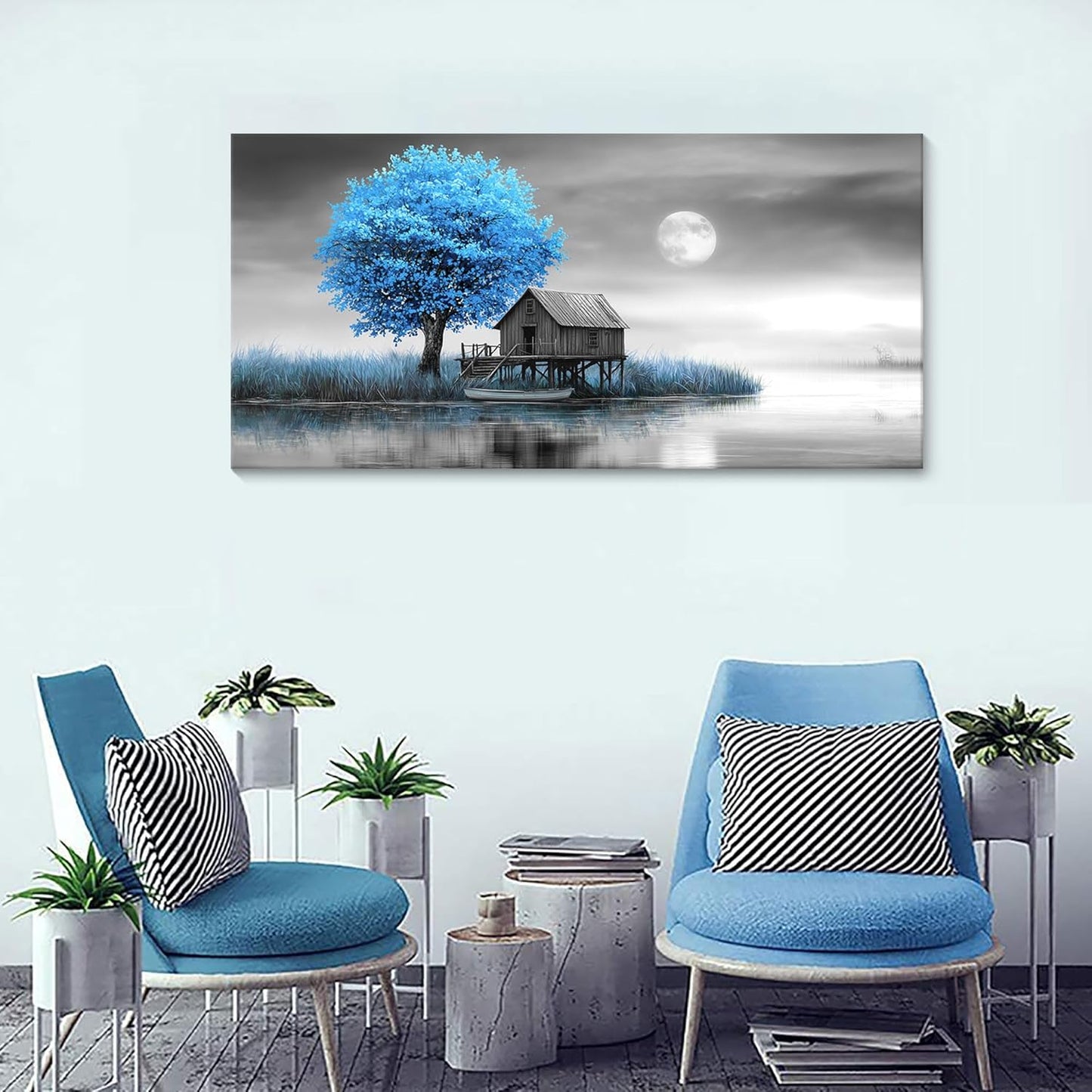 JEAWA Landscape Canvas Wall Art Decor - Blue Gray Wall Art for Bedroom Living Room Home Office, Winter Wall Art Canvas Paintings, Moon Pictures Wall Decor, Tree Art Wall Decor, 24x48 IN