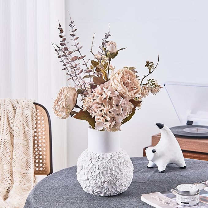 White Rose Hand-Carved Resin Vase – 8 Inch Decorative Bulb Vase for Pampas Grass, Centerpiece, Home Decor | Elegant Entryway, Countertop & Nightstand Accent | Unique Housewarming Gift