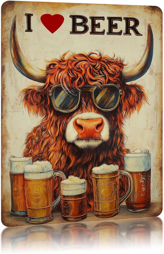 Funny Highland Cow Metal Tin Signs I Love Beer Vintage Aluminm Sign for Home Kitchen Bar Pubs Wall Decoration 8×12 Inch