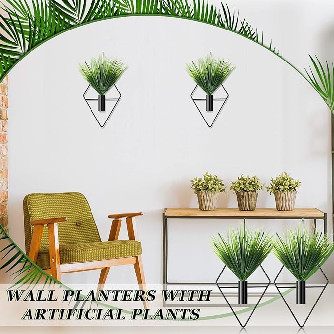 2 Pieces Wall Decor Hanging Planters with Artificial Plants Metal Hanging Vase Indoor Plants Holder Modern Boho Wall Art for Bathroom Bedroom Living Room Decor(Black,Aquatic Plant)