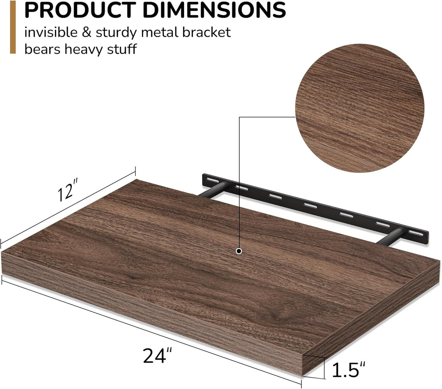 Fun Memories Floating Shelves - 2 Pack 12 Inch Deep Rustic Wooden Wall Shelves - Extra Deeper & Thicker Wall Mounted Storage Shelf for Living Room, Kitchen, Farmhouse - 24" W x 12" D x 1.5" H - Walnut