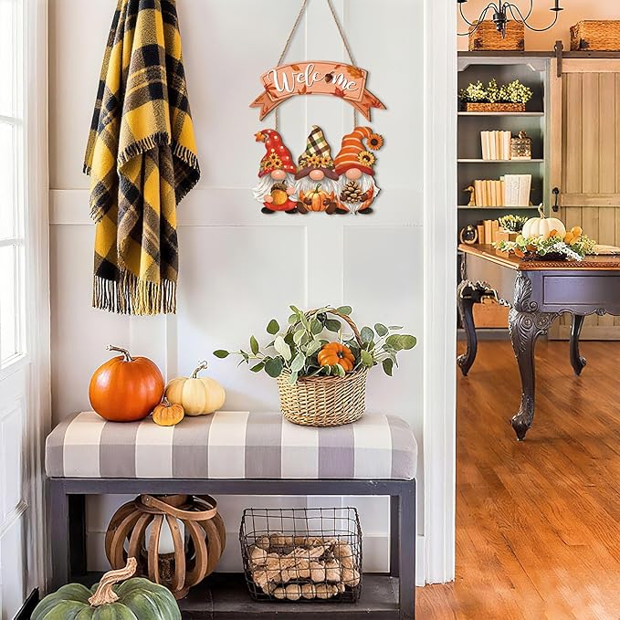 Fall Welcome Door Sign,Autumn Gnome Welcome Sign,Fall Gnome Sign,Thanksgiving Wooden Front Door Sign,Fall Pumpkin Wall Plaque,Rustic Sunflower Wall Sign for Farmhouse Porch Outdoor Home Garden