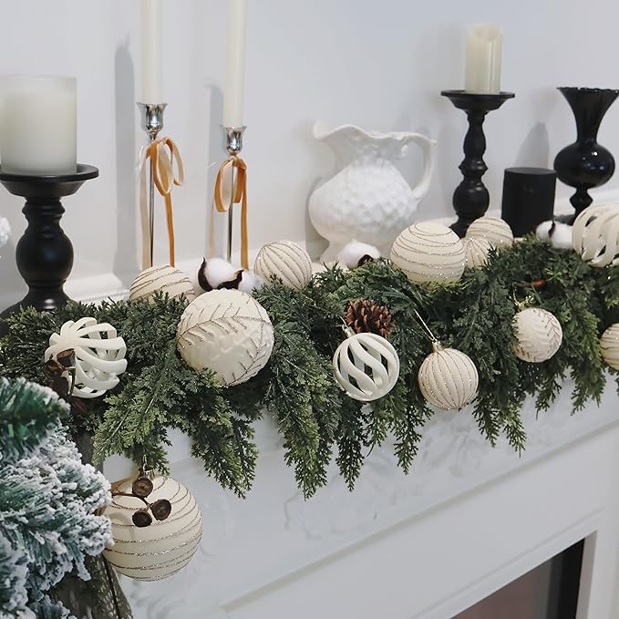 4inch Velvet Ornaments for Christmas Tree, 9PCS Glitter Flocked Christmas Ornaments Decorations Balls Set Decor Beige