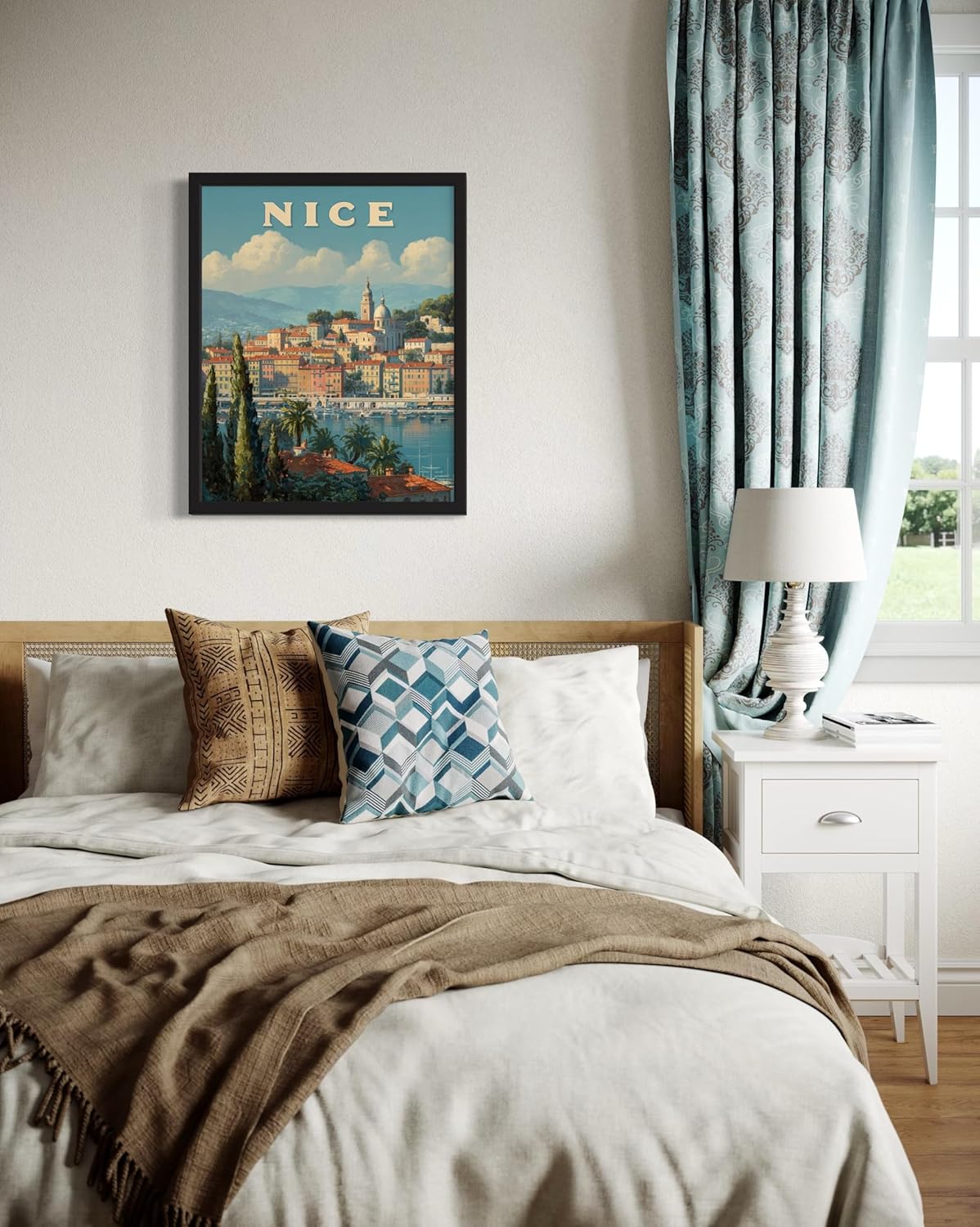 Nice, France Art Print Poster, Europe Vintage City Retro Photography Skyline Travel Bedroom Bathroom Living Room Decor 183 (Nice, France, 24 x 36 inches, Black Frame)