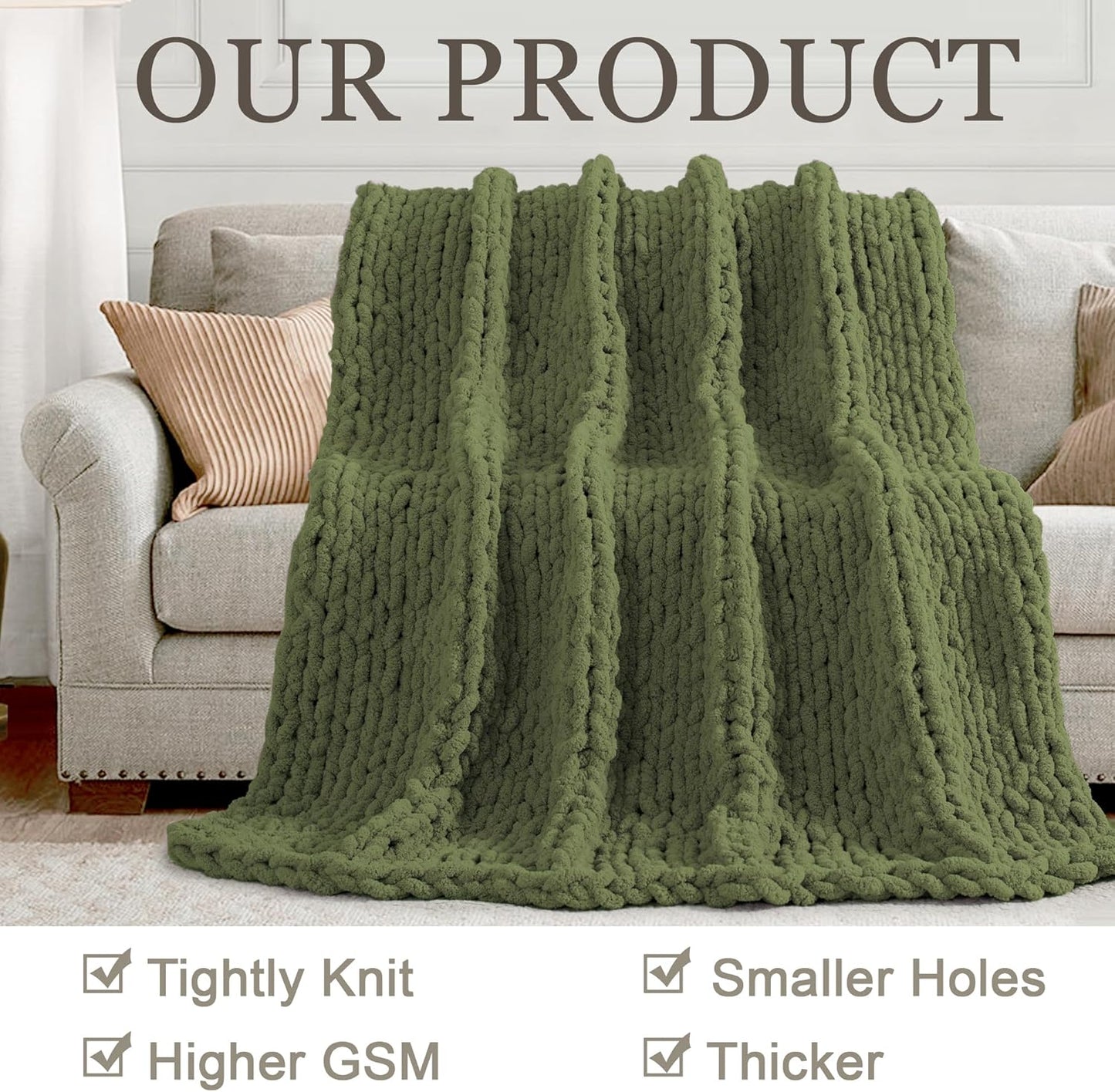 Chunky Knit Throw Blanket 60"X 80", 100% Handmade with Soft Chenille Yarn, 6.7lbs Thick Cable Knitted Blankets, Large Rope Knot Crochet Throws for Couch Sofa Bed Home Decor, Olive Green