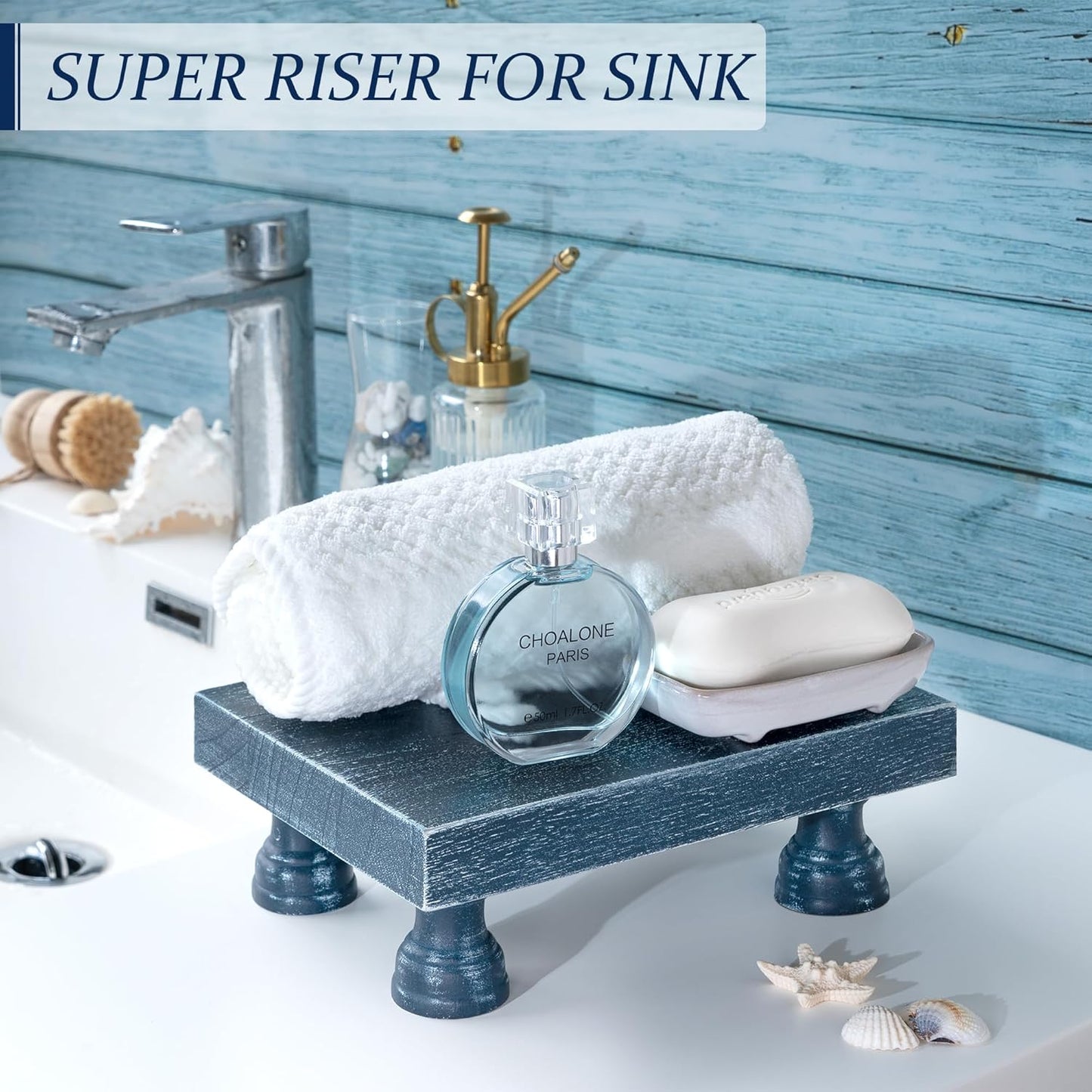 Decorative Display Risers for Home Decor - Wood Pedestal Stand for Kitchen Decor and Countertop Organizer - Ideal for Apartment Essentials (Blue)