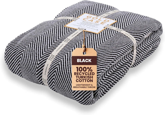 Gold Case Throw Blanket for Bed – 100% Recycled Turkish Cotton Bed Blanket – Decorative Throw Cotton Blankets for Living Room & Bedroom – Elegant Black Woven Queen Blankets – 90x90