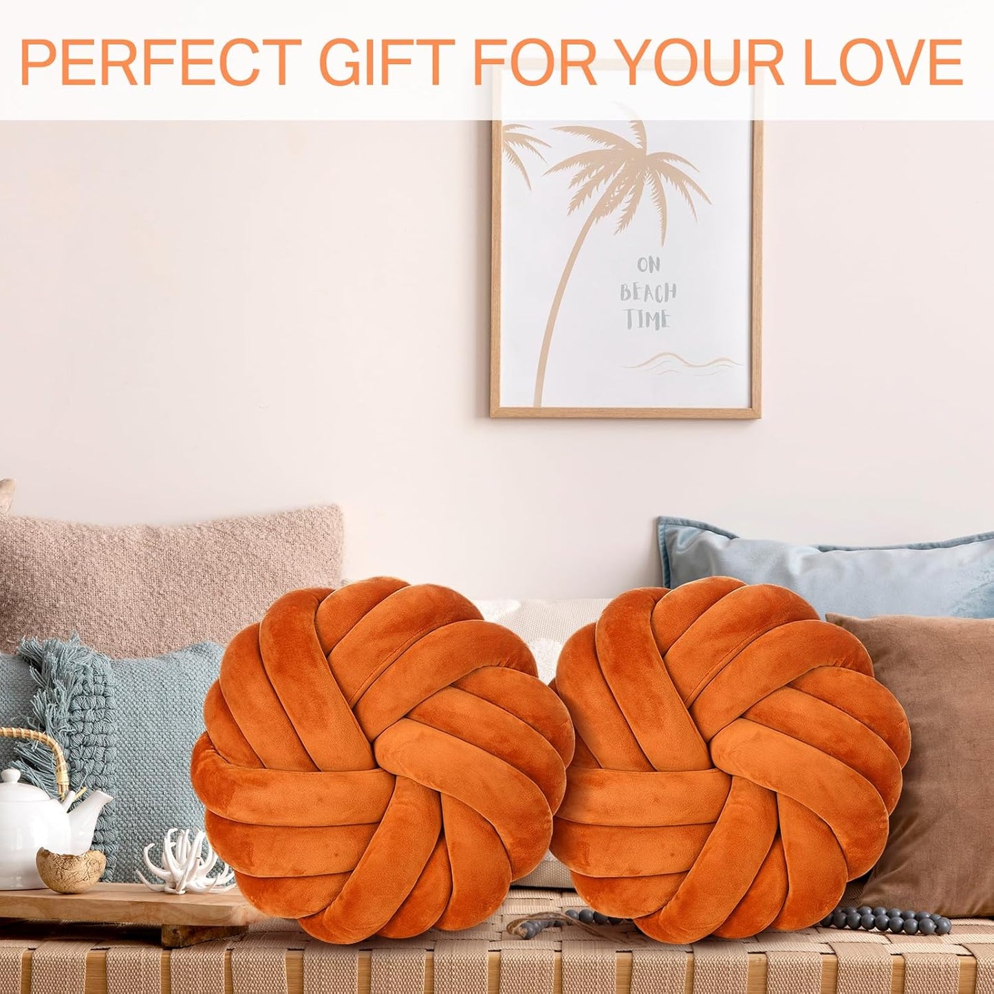 Fumete 2 Pcs 14 Inches Knot Pillow Round Throw Soft Plush Knot Ball Pillow Handmade Knotted Modern Home Decorative Cushion for Bed Bedroom, Sofa, Couch (Caramel Color)