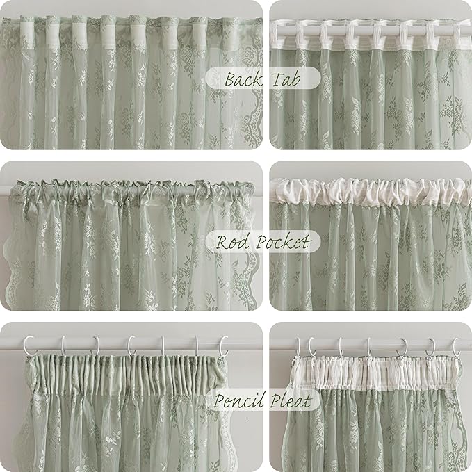 MEETSKY Boho Lace Curtains 45 Inch Length 2 Panels Set Vintage French Sheer Kitchen Curtains for Small Windows Back Tab Rod Pocket Transparent Light Filtering Drapes, 50" W Each Panel, Sage Green