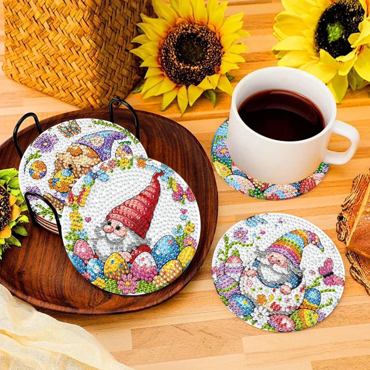 DOZEEZOP 8 PCS Diamond Art Coasters Kit, Diamond Painting Coasters with Holder, Fall Diamond Art Kits for Adults Beginners, Arts and Crafts Supplies Party Item Sets The Cute Gnome