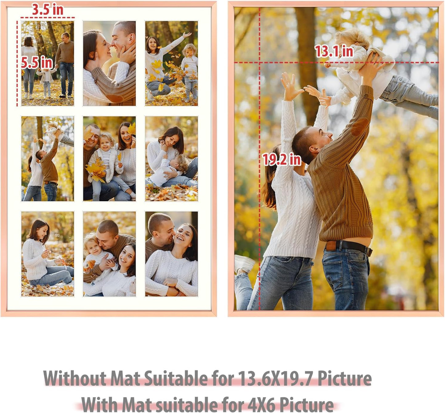 Frametory - 13.6x19.7 Aluminum Collage Picture Frame - Display 4x6 Pictures with 9 Openings Mat - Real Glass Front - Horizontal/Vertical Wall Mount - Rose Gold 1 Pack