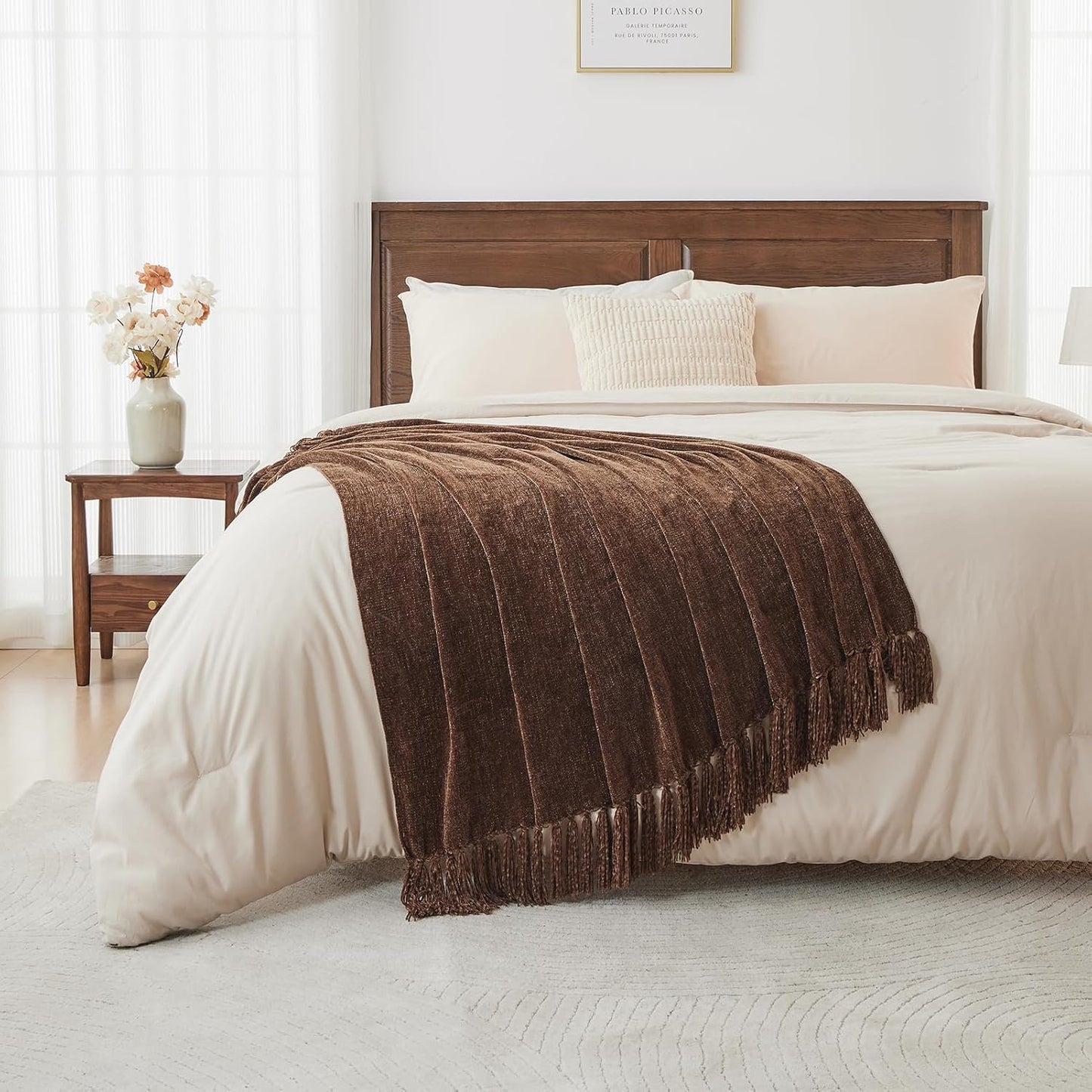 CozeCube Chenille Throw Blanket for Couch, Cozy Plush Fuzzy Decorative Dark Brown Blanket with Fringe Tassels, Lightweight Throws for Bed Sofa Gift Home Decor, 60"X80"