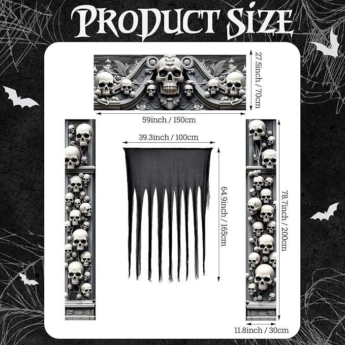 4 Pcs Halloween Cemetery Archway Door Cover Decoration Kit- Large Skeleton Front Door Banner Scary Gauze Cover for Indoor Outdoor Archway Garage Haunted House Party Trunk or Treat Car Decor